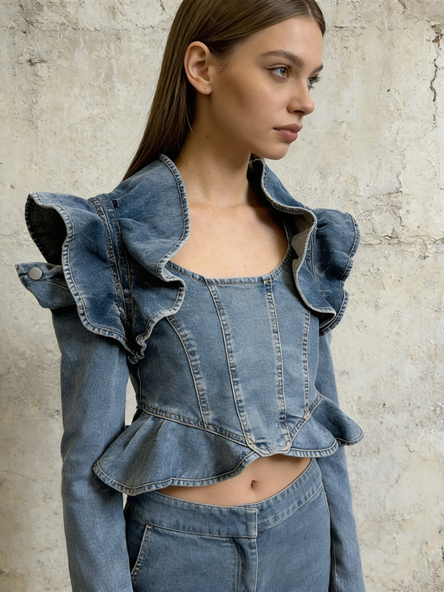Long-sleeved Cropped Denim Jacket With Ruffled Hem 5 Long-sleeved Cropped Denim Jacket With Ruffled Hem - Image 5