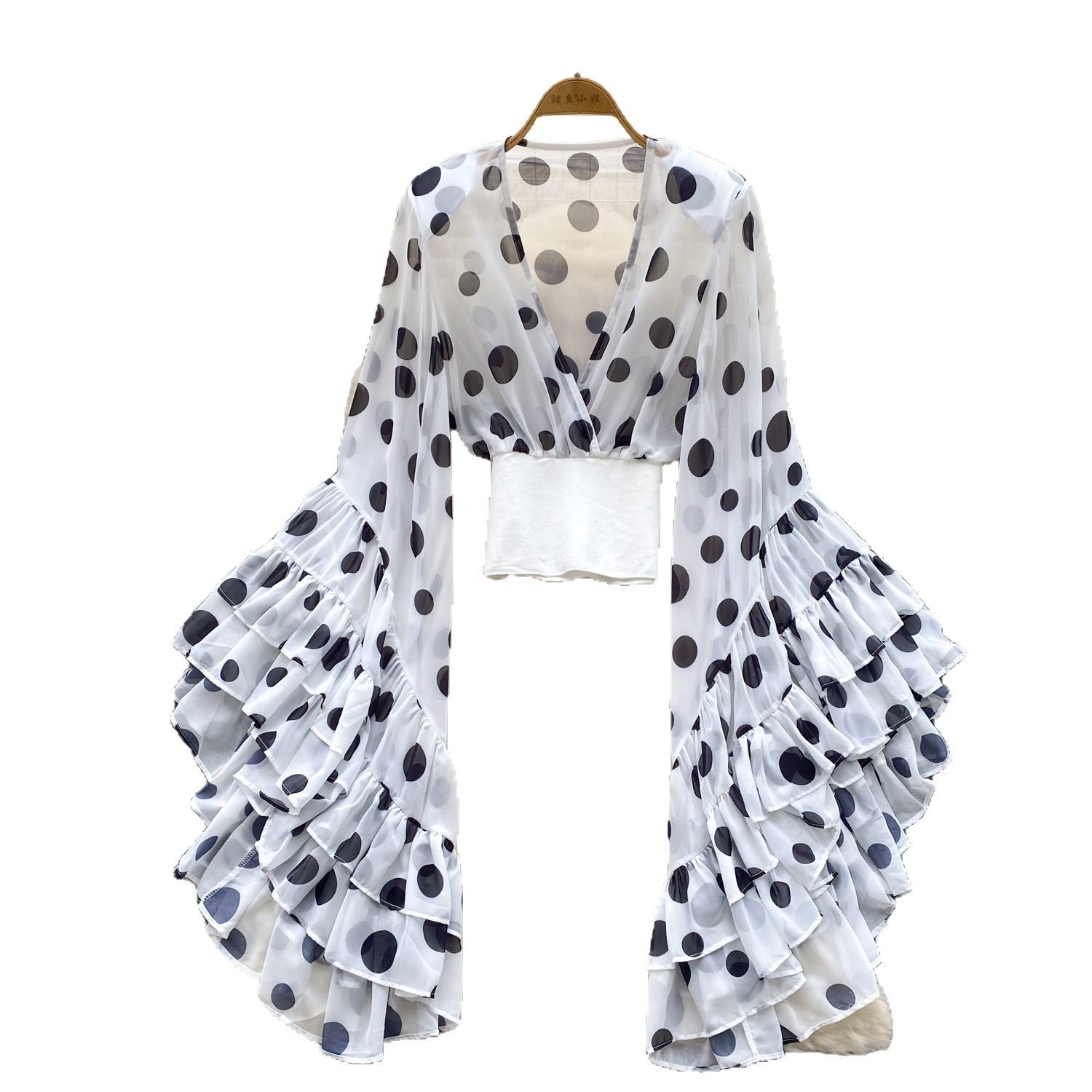 Sheer Cross V-Neck Waist-Cinched Flare-Sleeve Polka-Dot Top 4 Sheer Cross V-Neck Waist-Cinched Flare-Sleeve Polka-Dot Top - Image 4