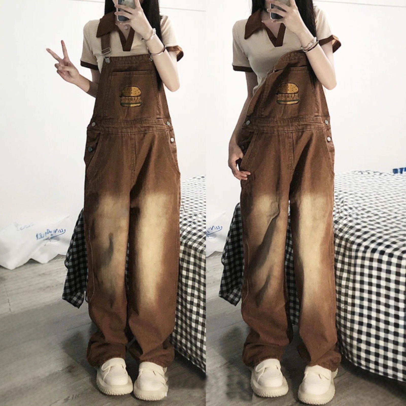 Youthful And Chic American-Style Burger Embroidery Denim Suspender Pants 4 Youthful And Chic American-Style Burger Embroidery Denim Suspender Pants - Image 4