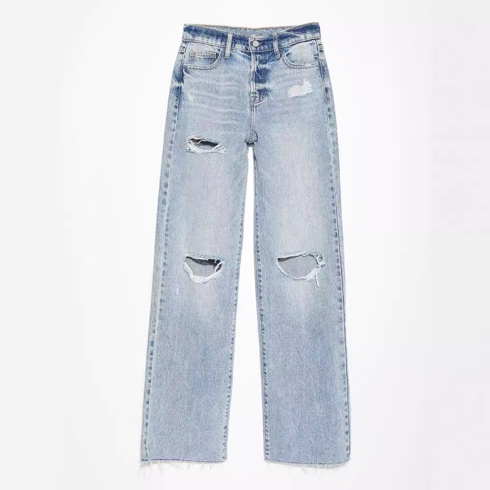Ripped, Raw-Hem Denim Jeans Casual Washed Women's Straight-Leg Pants 5 Ripped, Raw-Hem Denim Jeans Casual Washed Women's Straight-Leg Pants - Image 5
