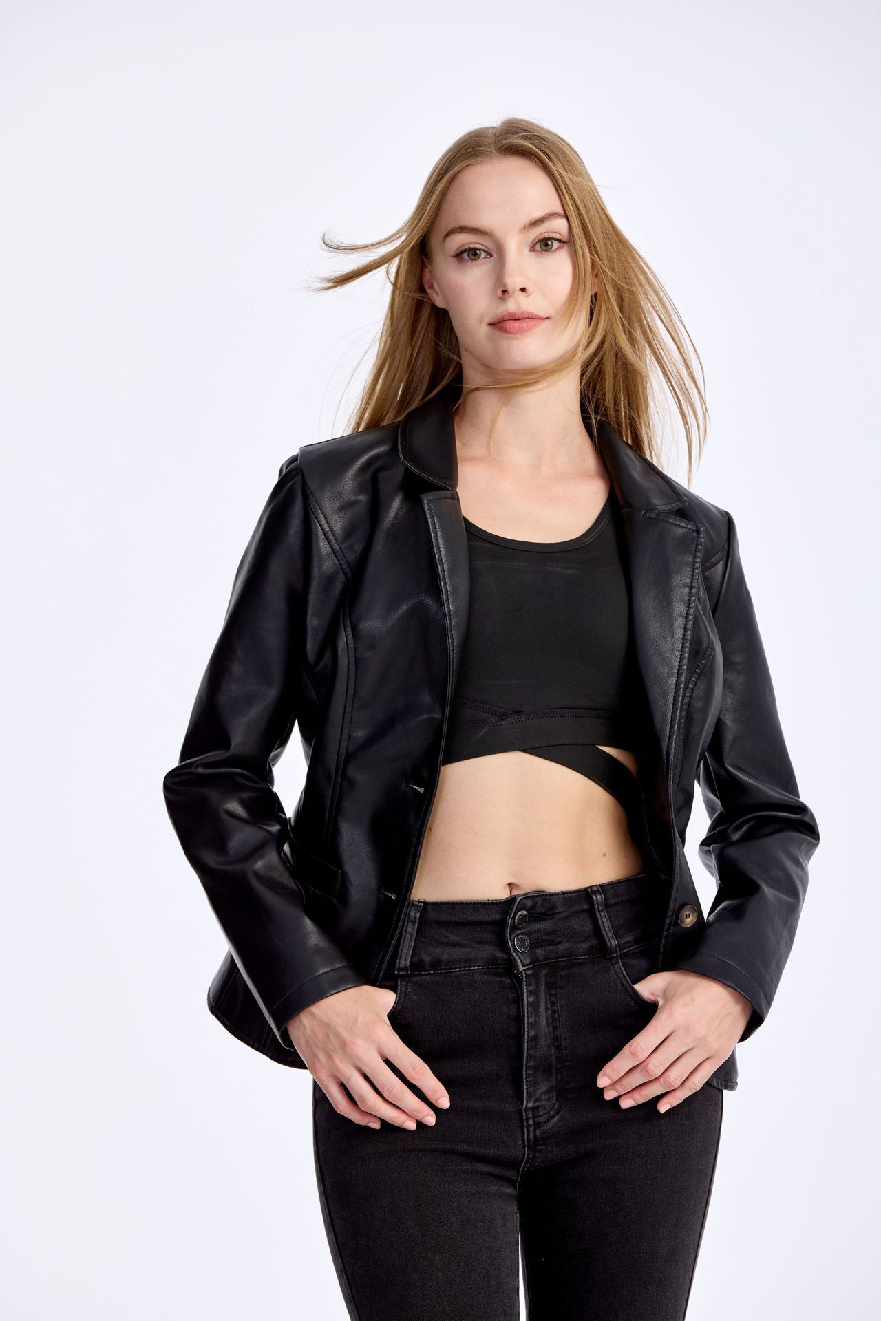 Womens Slim-fit Lightweight PU Leather Moto Jacket With A Turn-down Collar 4 Womens Slim-fit Lightweight PU Leather Moto Jacket With A Turn-down Collar - Image 4