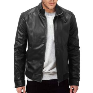 Mens Winter Warm Zip-Up Stand Collar Slim Fit Leather Jacket