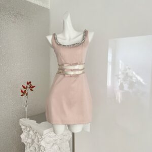 Blush Tone Sleeveless Rhinestone Collar Bow Waist Bridesmaid Cocktail Dress