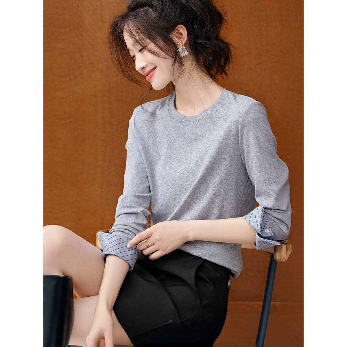 Autumn Round Neck Contrast Color Patchwork Striped Long Sleeve 3 Autumn Round Neck Contrast Color Patchwork Striped Long Sleeve - Image 3