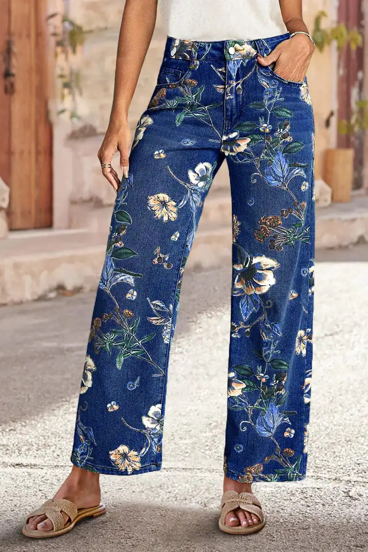 High Waist Straight Leg Jeans Vintage Floral Print Denim Pants 2 High Waist Straight Leg Jeans Vintage Floral Print Denim Pants - Image 2