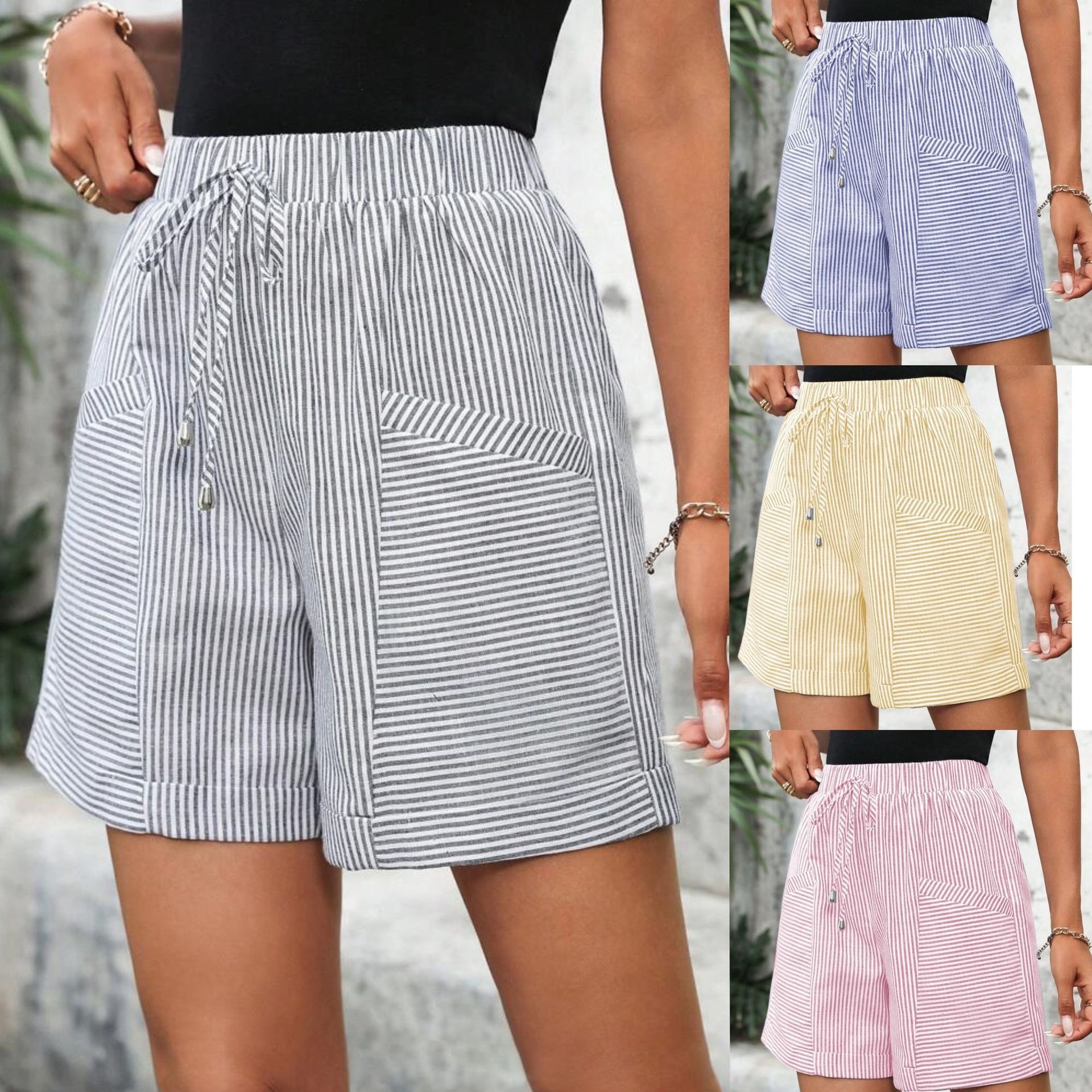 Women's Striped Casual Elastic-waist Shorts 1 Women's Striped Casual Elastic-waist Shorts