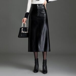 PU Leather Black Mid-length Skirt Women's Autumn Winter Style