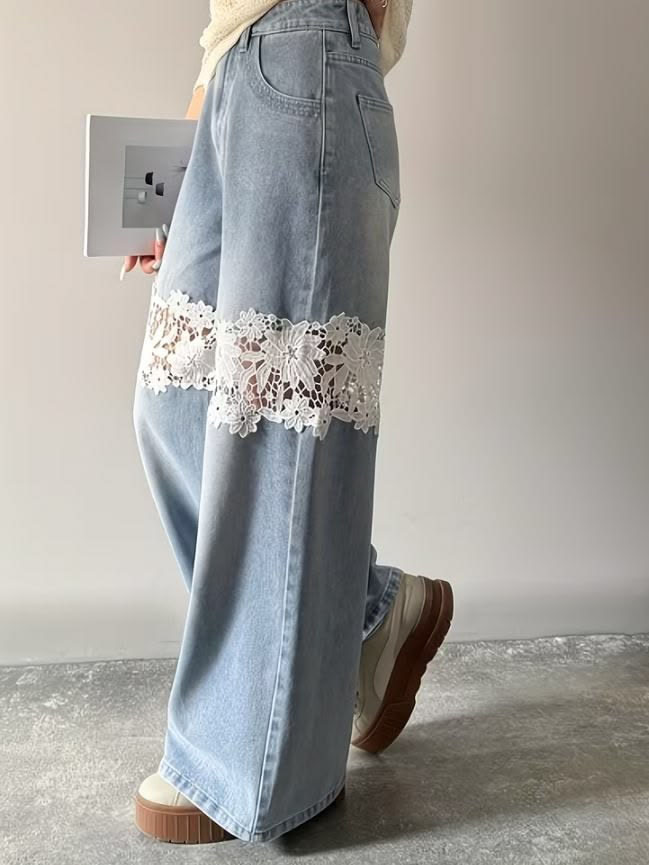 Women's Light Wash Lace Insert Wide Leg Jeans 2 Women's Light Wash Lace Insert Wide Leg Jeans - Image 2