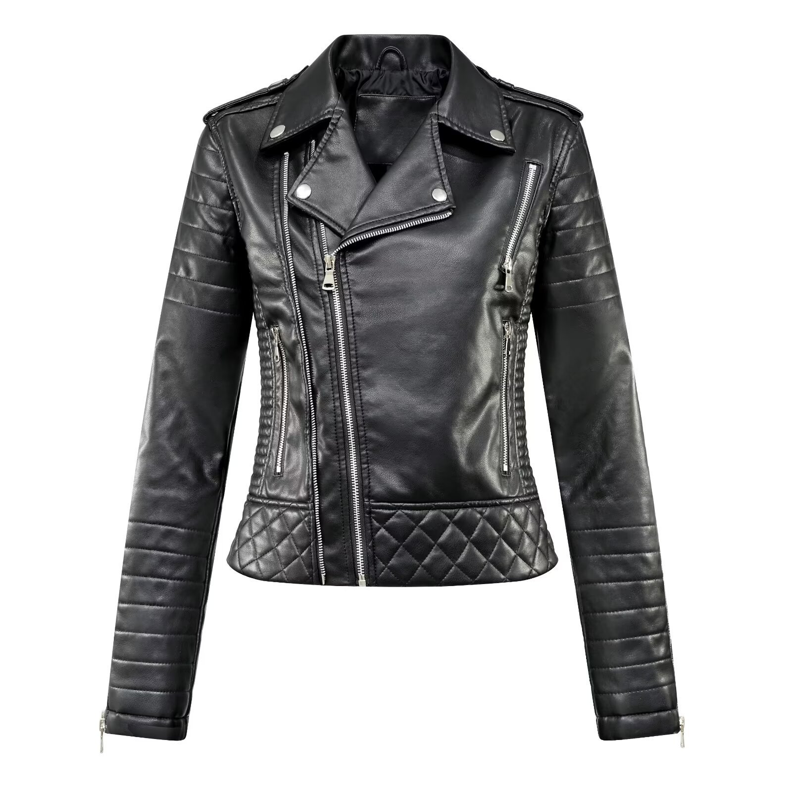 Turn-down Collar Motorcycle PU Leather Jacket Womens 5 Turn-down Collar Motorcycle PU Leather Jacket Womens - Image 5