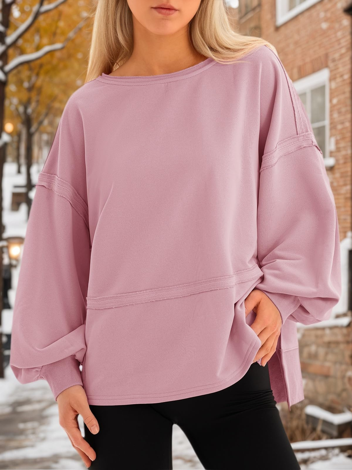 Fisoew Womens Casual Crewneck Sweatshirts Lantern Long Sleeve Side Slit Loose Sweatshirt Fall Crop Pullover Tops 7 Fisoew Womens Casual Crewneck Sweatshirts Lantern Long Sleeve Side Slit Loose Sweatshirt Fall Crop Pullover Tops - Image 7