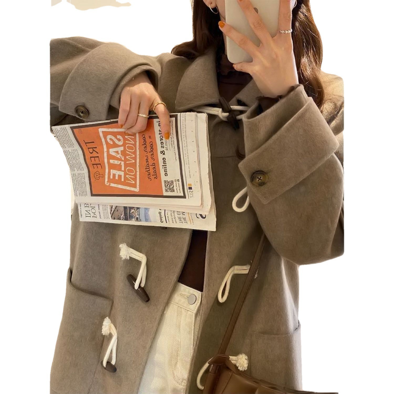 Wool Coat Women's Korean-Style Loose Slimming Horn-Button Petite Mid-Length Wool Fashionable 4 Wool Coat Women's Korean-Style Loose Slimming Horn-Button Petite Mid-Length Wool Fashionable - Image 4