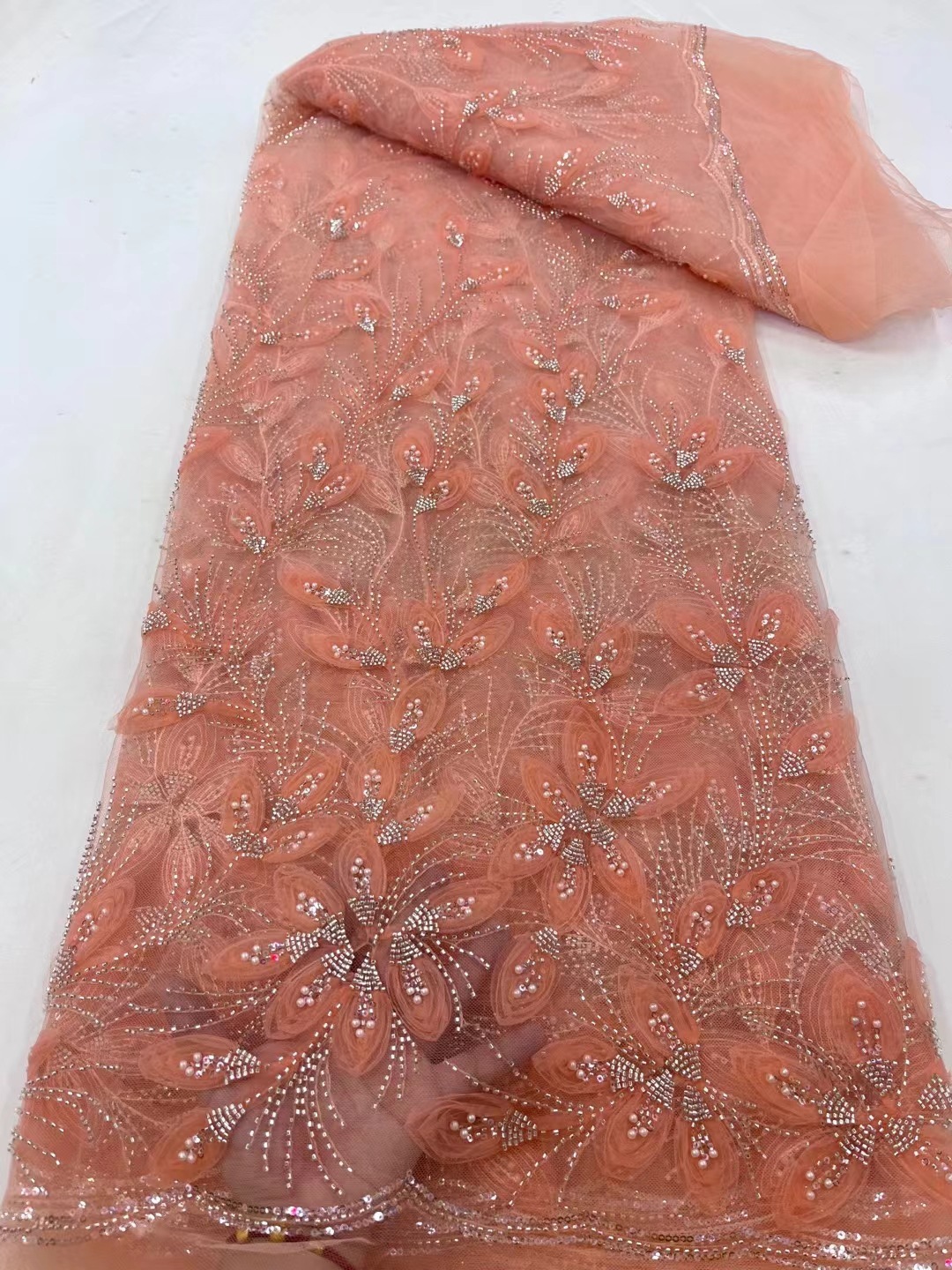 Ribbon Flower Beaded Tulle Lace Fabric Cocktail Party Occasion Evening Dress Embroidered Cloth Lace 3 Ribbon Flower Beaded Tulle Lace Fabric Cocktail Party Occasion Evening Dress Embroidered Cloth Lace - Image 3