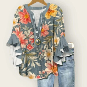 Printed Casual Trend V-necked Floral Edge Blouse