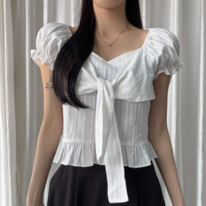 Bow-tied Ruffled Frill Puffed-sleeve Shirt