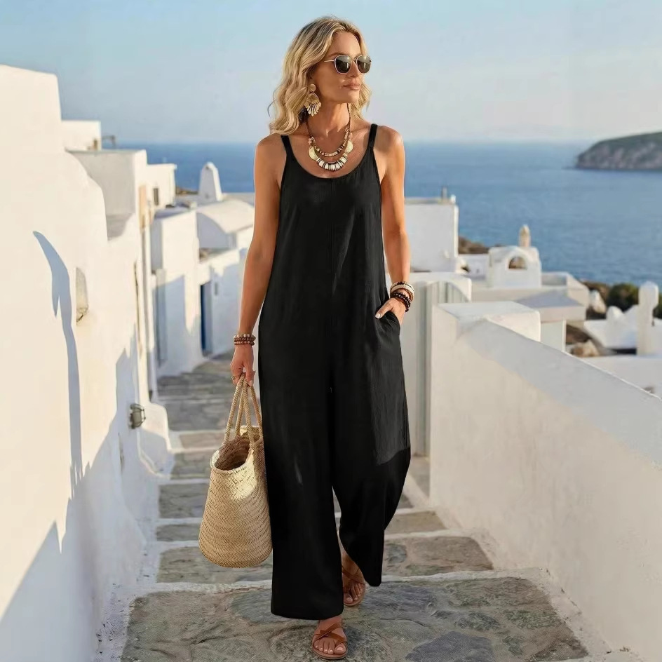 Summer Casual Solid Color Khaki Wide-Leg Jumpsuit 4 Summer Casual Solid Color Khaki Wide-Leg Jumpsuit - Image 4