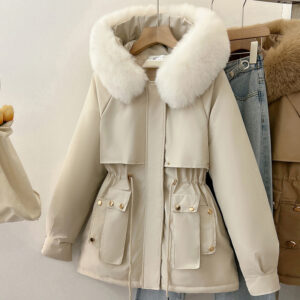 Womens Solid-Colored Loose Cotton Padded Coat With A Large Furry Collar