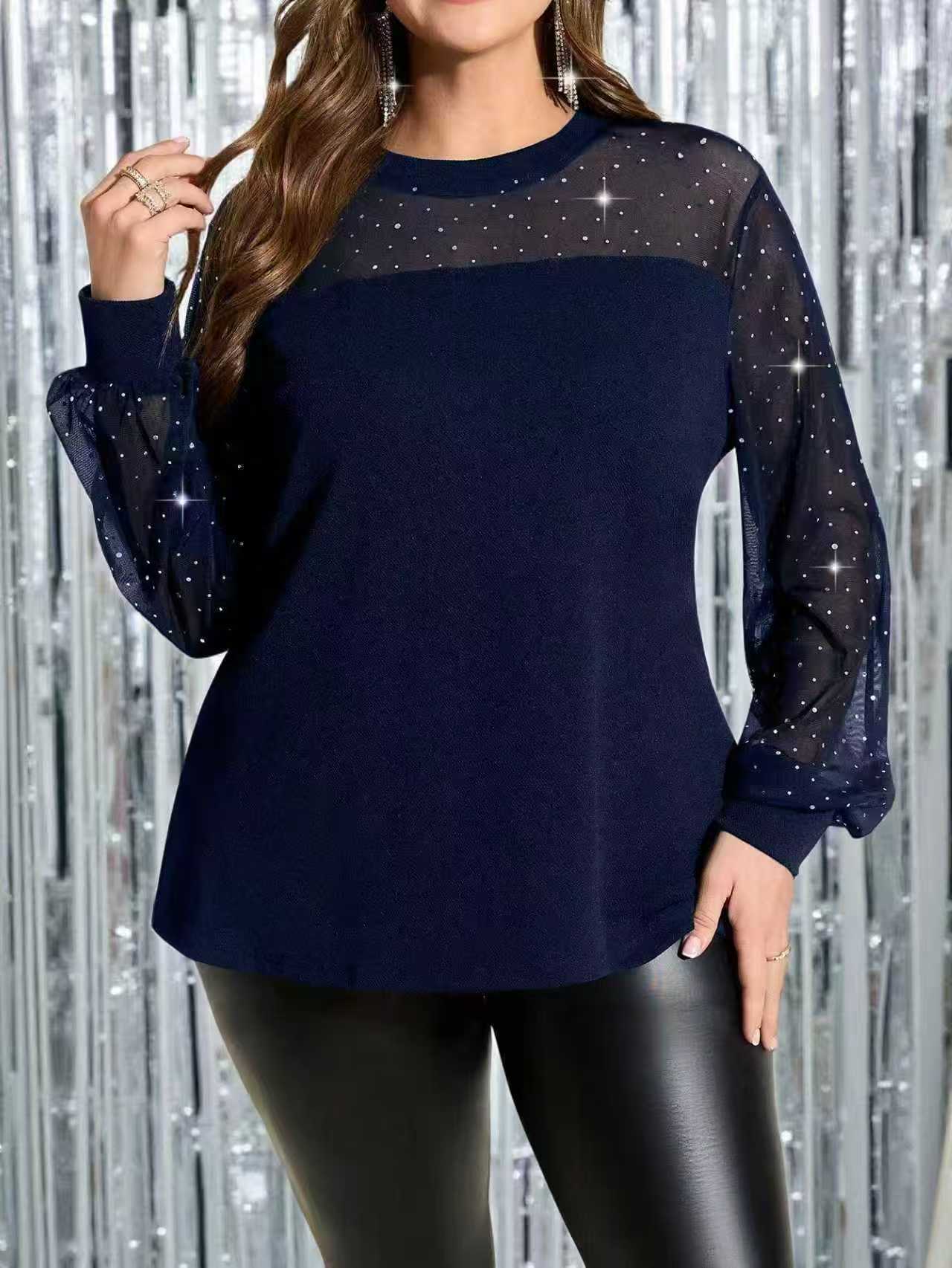 Women's Fashionable And Elegant Rhinestone-Embellished Mesh-Panel Long-Sleeve Top 7 Women's Fashionable And Elegant Rhinestone-Embellished Mesh-Panel Long-Sleeve Top - Image 7