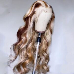 Brown Blonde Colored Human Hair Wig – Natural Blend Highlights, Soft Straight/Wave Style, Lace Front Wig