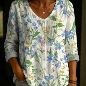 Women's Floral 3D Printed Ladies' Henley Shirt