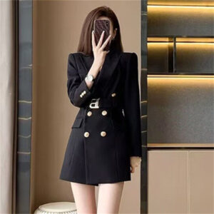 Elegant Waist-Cinched Blazer Dress With Double-Breasted Buttons