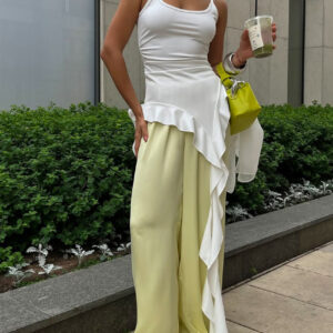 White Fitted Ruffled Ribbon Irregular Vest