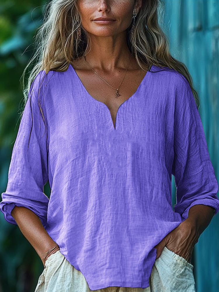 Casual Loose Fashion Cotton-Linen Long-Sleeve V-Neck Solid Color Top 10 Casual Loose Fashion Cotton-Linen Long-Sleeve V-Neck Solid Color Top - Image 10