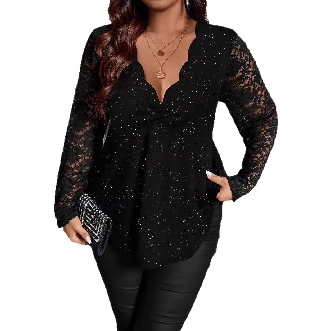Loose Powder-Effect Elegant Lace V-Neck Long-Sleeve T-Shirt 4 Loose Powder-Effect Elegant Lace V-Neck Long-Sleeve T-Shirt - Image 4