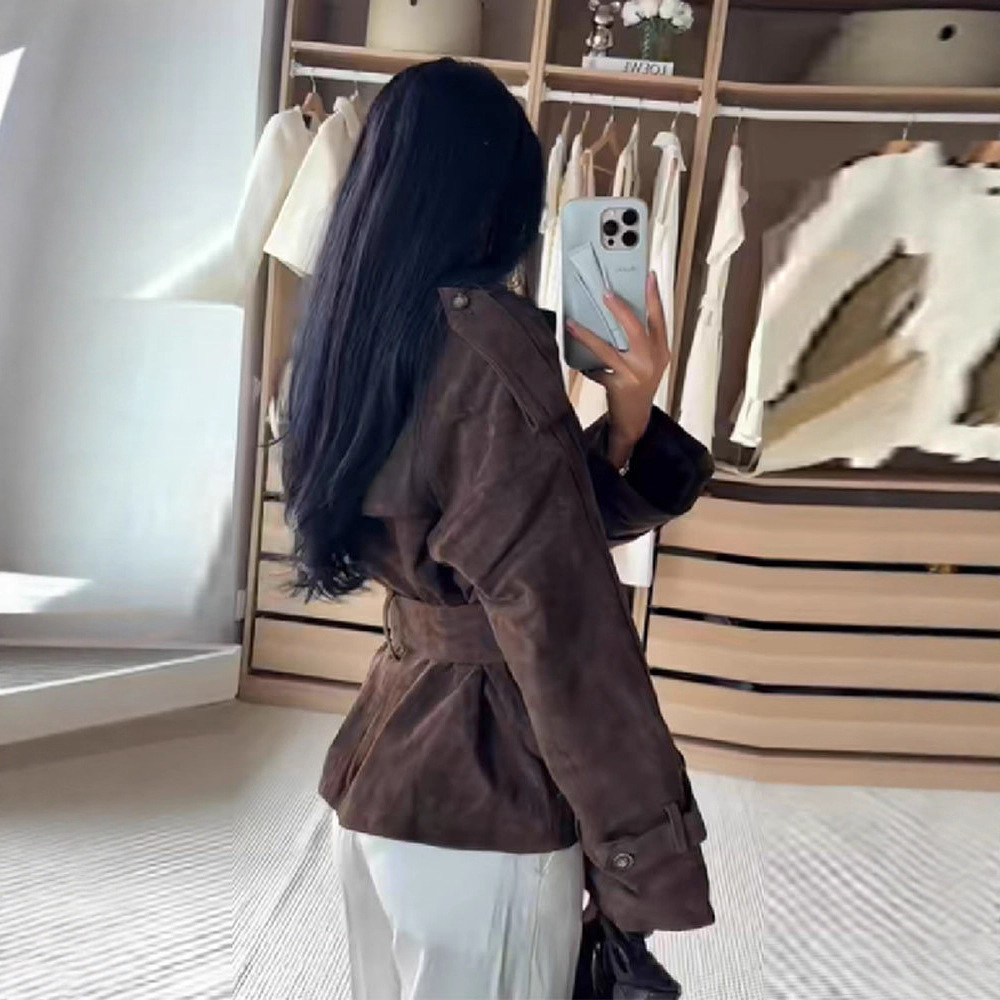 Retro Brown Lace-Up Suede Jacket For Women 6 Retro Brown Lace-Up Suede Jacket For Women - Image 6