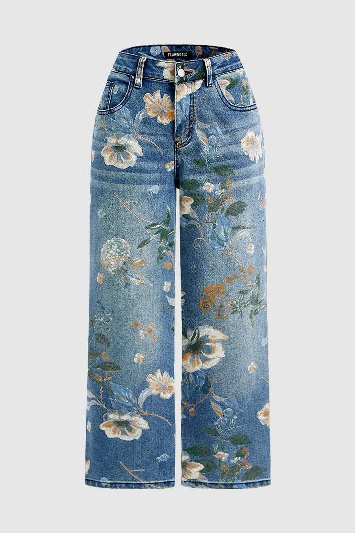 High Waist Straight Leg Jeans Vintage Floral Print Denim Pants 3 High Waist Straight Leg Jeans Vintage Floral Print Denim Pants - Image 3