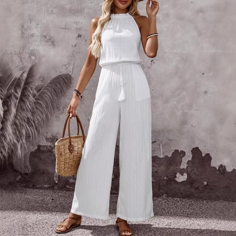 Tasseled Lace-up Pocketed Wide-leg Casual Jumpsuit For Women 3 Tasseled Lace-up Pocketed Wide-leg Casual Jumpsuit For Women - Image 3
