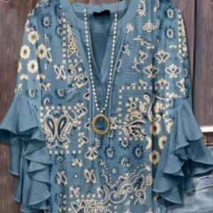 Printed Casual Trend V-necked Floral Edge Blouse