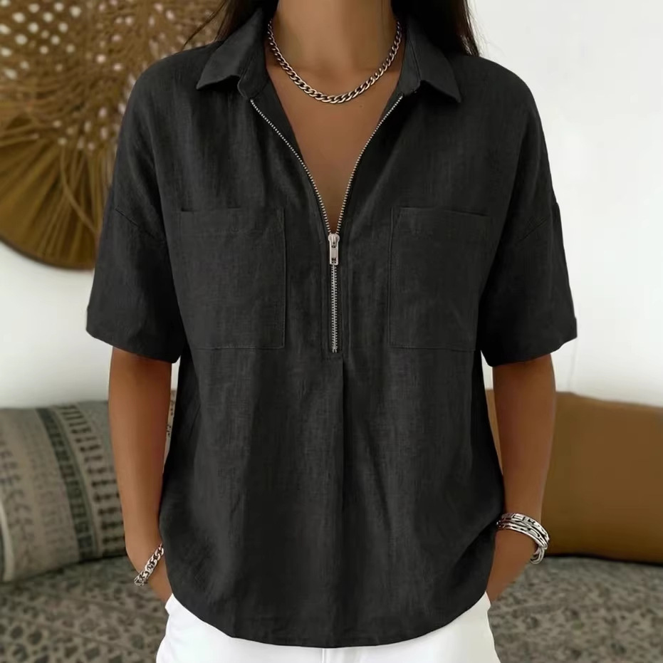 Loose-fit Lapel Short-sleeve Casual V-neck Zip-up Shirt 5 Loose-fit Lapel Short-sleeve Casual V-neck Zip-up Shirt - Image 5