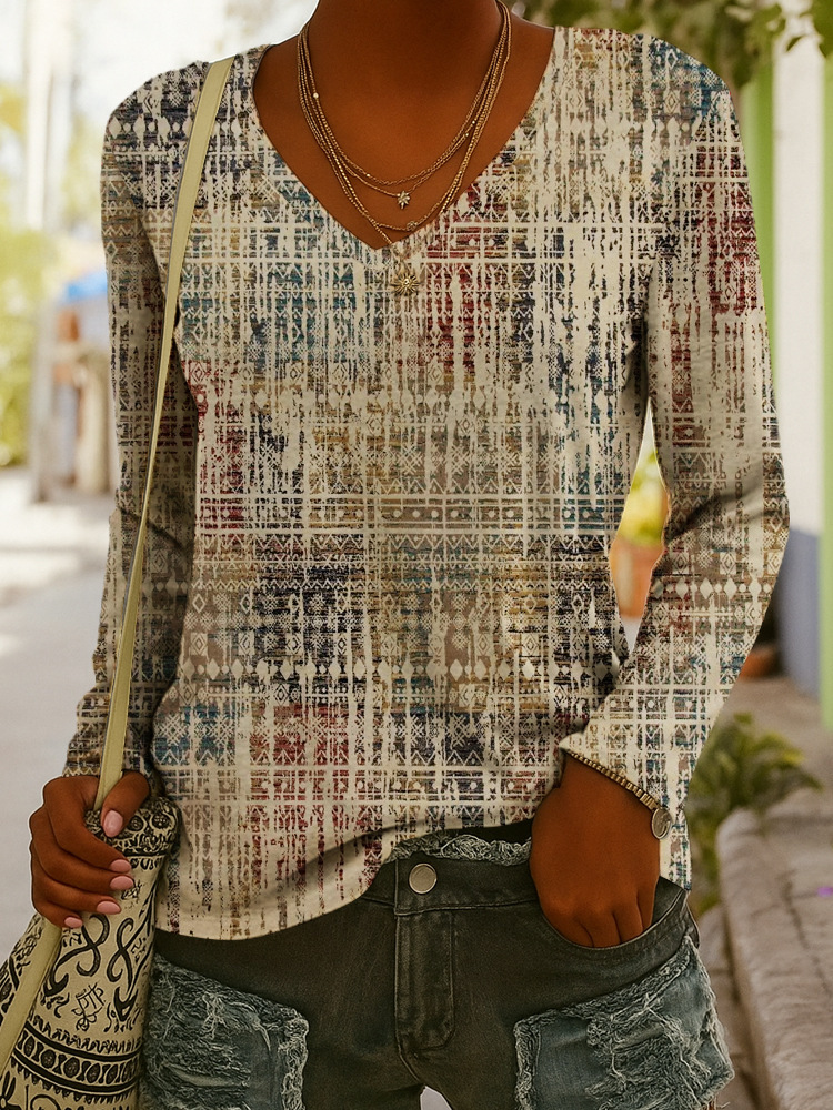 Fashionable Ethnic-Style Printed V-Neck Long-Sleeve T-Shirt 6 Fashionable Ethnic-Style Printed V-Neck Long-Sleeve T-Shirt - Image 6