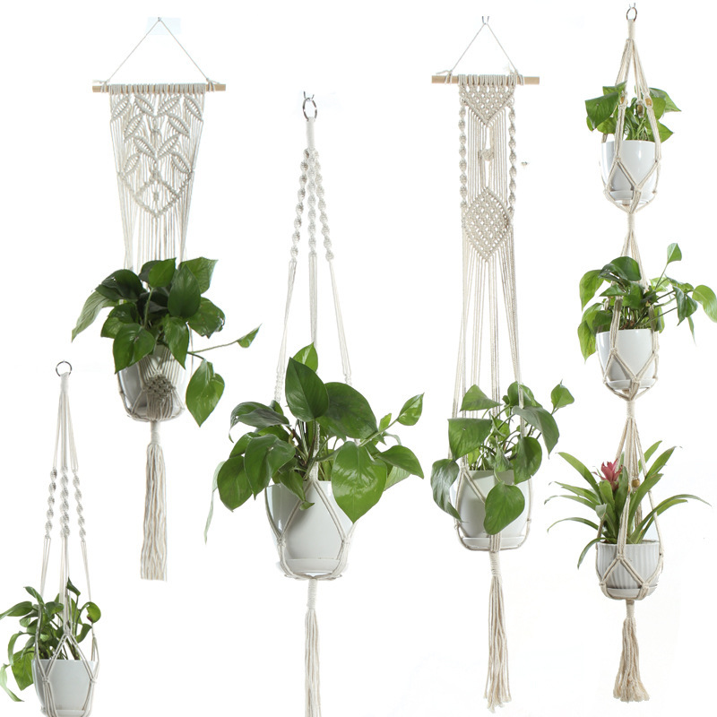 Flower Pot Net Bag Beige Cotton Rope Indoor Plant Hanger Hanging Basket Sling 3 Flower Pot Net Bag Beige Cotton Rope Indoor Plant Hanger Hanging Basket Sling - Image 3