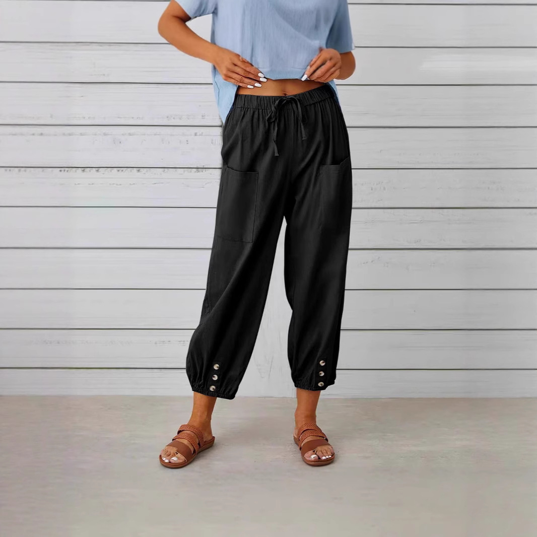 Buttoned Two-tone Linen Cropped Harem Pants 7 Buttoned Two-tone Linen Cropped Harem Pants - Image 7