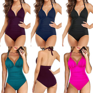 Multi-colored Ruffled Trim Figure-hugging Backless One-piece Swimsuit