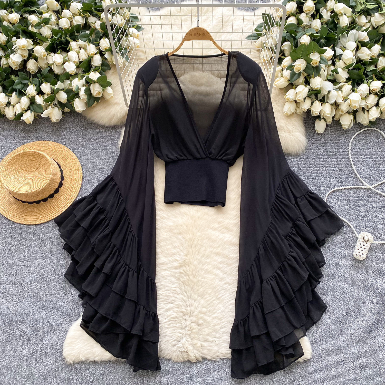 Sheer Cross V-Neck Waist-Cinched Flare-Sleeve Polka-Dot Top 9 Sheer Cross V-Neck Waist-Cinched Flare-Sleeve Polka-Dot Top - Image 9