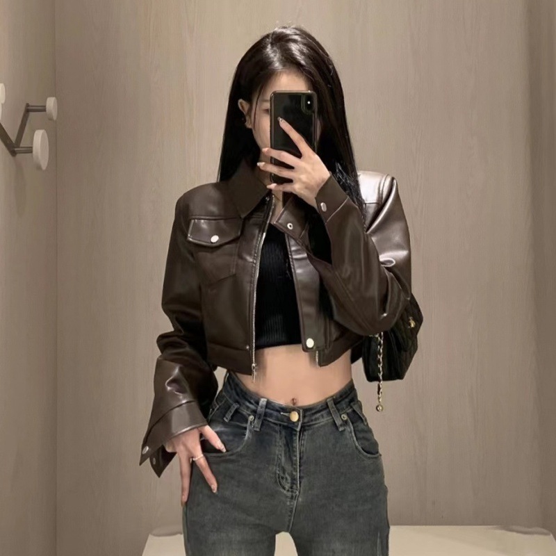 American Retro Sweet Cool Hot Girl Style Coffee Color Leather Coat Motorcycle Jacket Top 1 American Retro Sweet Cool Hot Girl Style Coffee Color Leather Coat Motorcycle Jacket Top