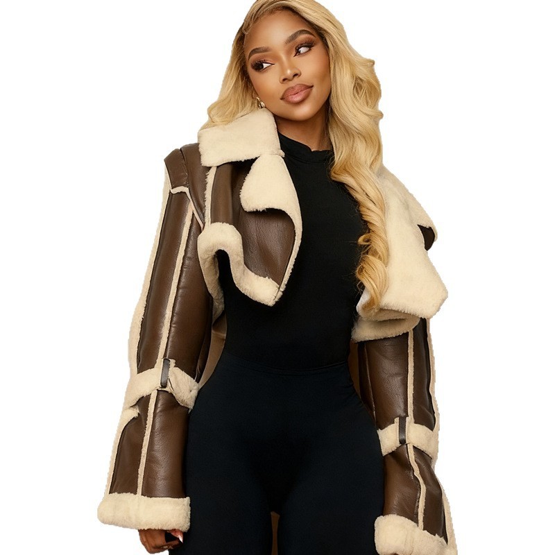 Leather-and-Fur-Trim Short Jacket For Women 2 Leather-and-Fur-Trim Short Jacket For Women - Image 2