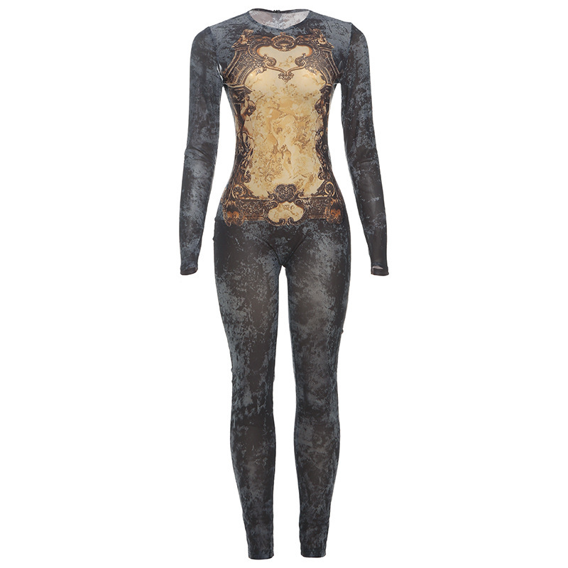 Women's Printed Sexy Mesh High Waist Slim-fit Zipper Long-sleeved Jumpsuit 4 Women's Printed Sexy Mesh High Waist Slim-fit Zipper Long-sleeved Jumpsuit - Image 4