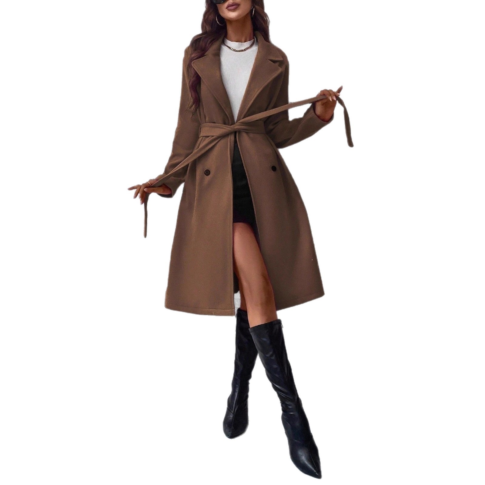 Elegant Long-sleeve Lapel Double-breasted Coat With A Belt 5 Elegant Long-sleeve Lapel Double-breasted Coat With A Belt - Image 5