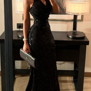 Black Sequin Halter Neck Mermaid Gown With Full Sparkle Detail