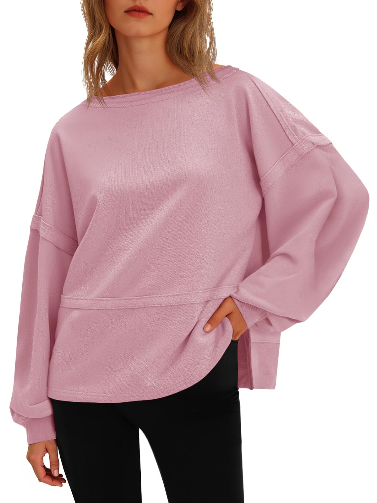 Fisoew Womens Casual Crewneck Sweatshirts Lantern Long Sleeve Side Slit Loose Sweatshirt Fall Crop Pullover Tops 6 Fisoew Womens Casual Crewneck Sweatshirts Lantern Long Sleeve Side Slit Loose Sweatshirt Fall Crop Pullover Tops - Image 6