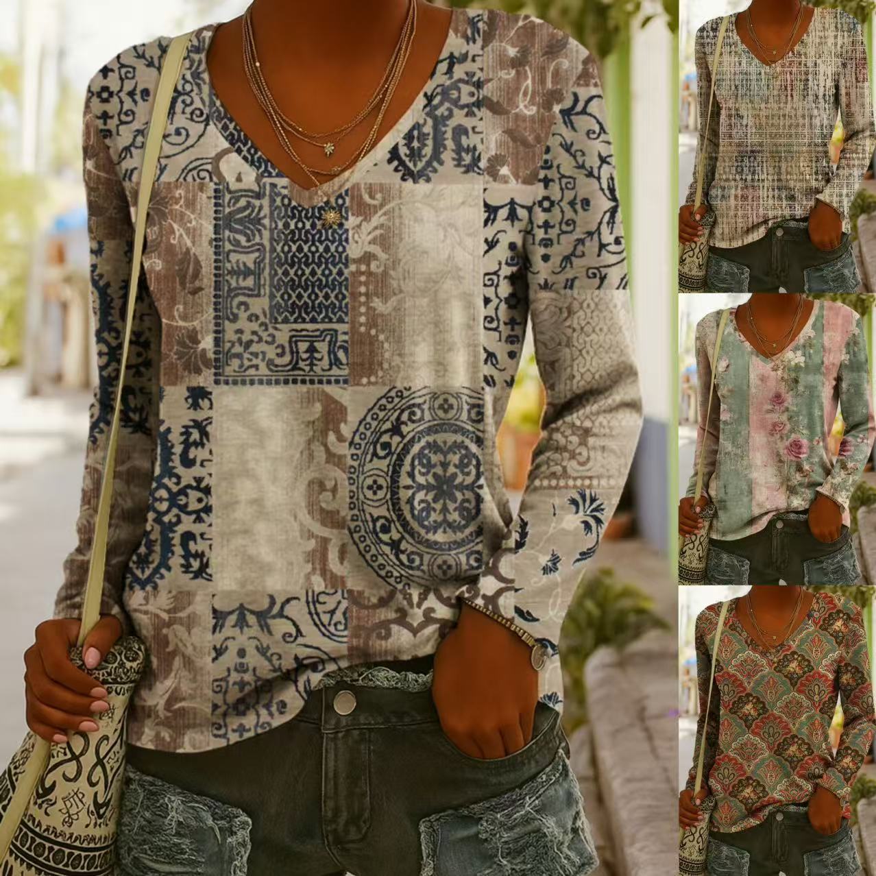 Fashionable Ethnic-Style Printed V-Neck Long-Sleeve T-Shirt 1 Fashionable Ethnic-Style Printed V-Neck Long-Sleeve T-Shirt