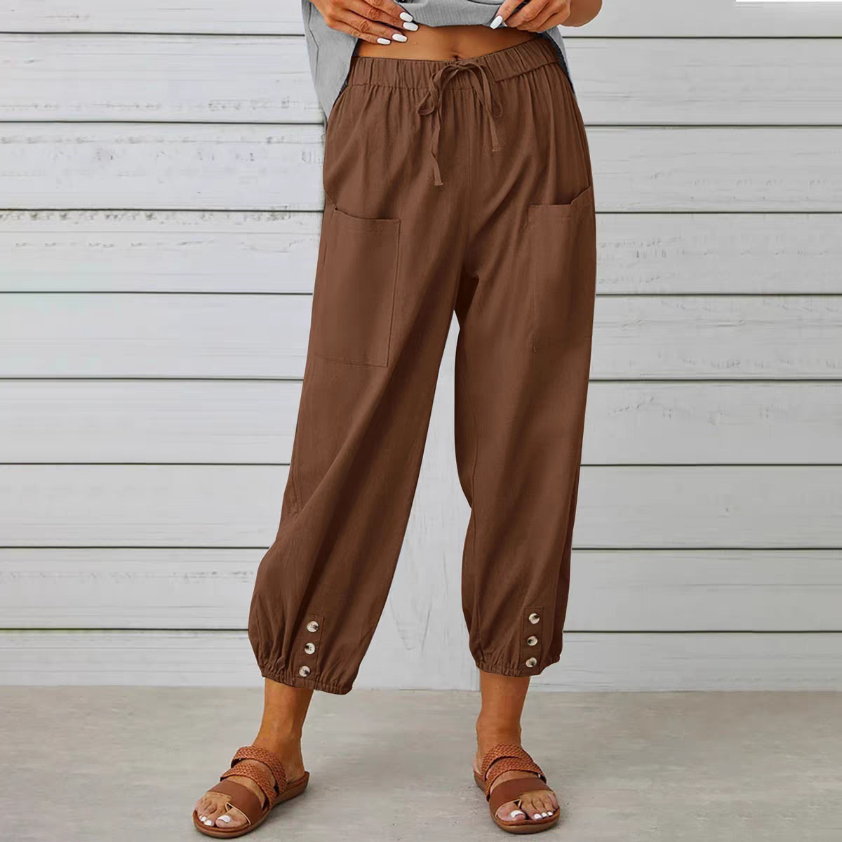 Buttoned Two-tone Linen Cropped Harem Pants 8 Buttoned Two-tone Linen Cropped Harem Pants - Image 8
