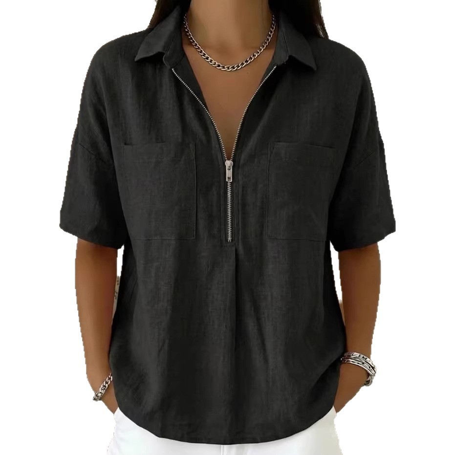 Loose-fit Lapel Short-sleeve Casual V-neck Zip-up Shirt 7 Loose-fit Lapel Short-sleeve Casual V-neck Zip-up Shirt - Image 7