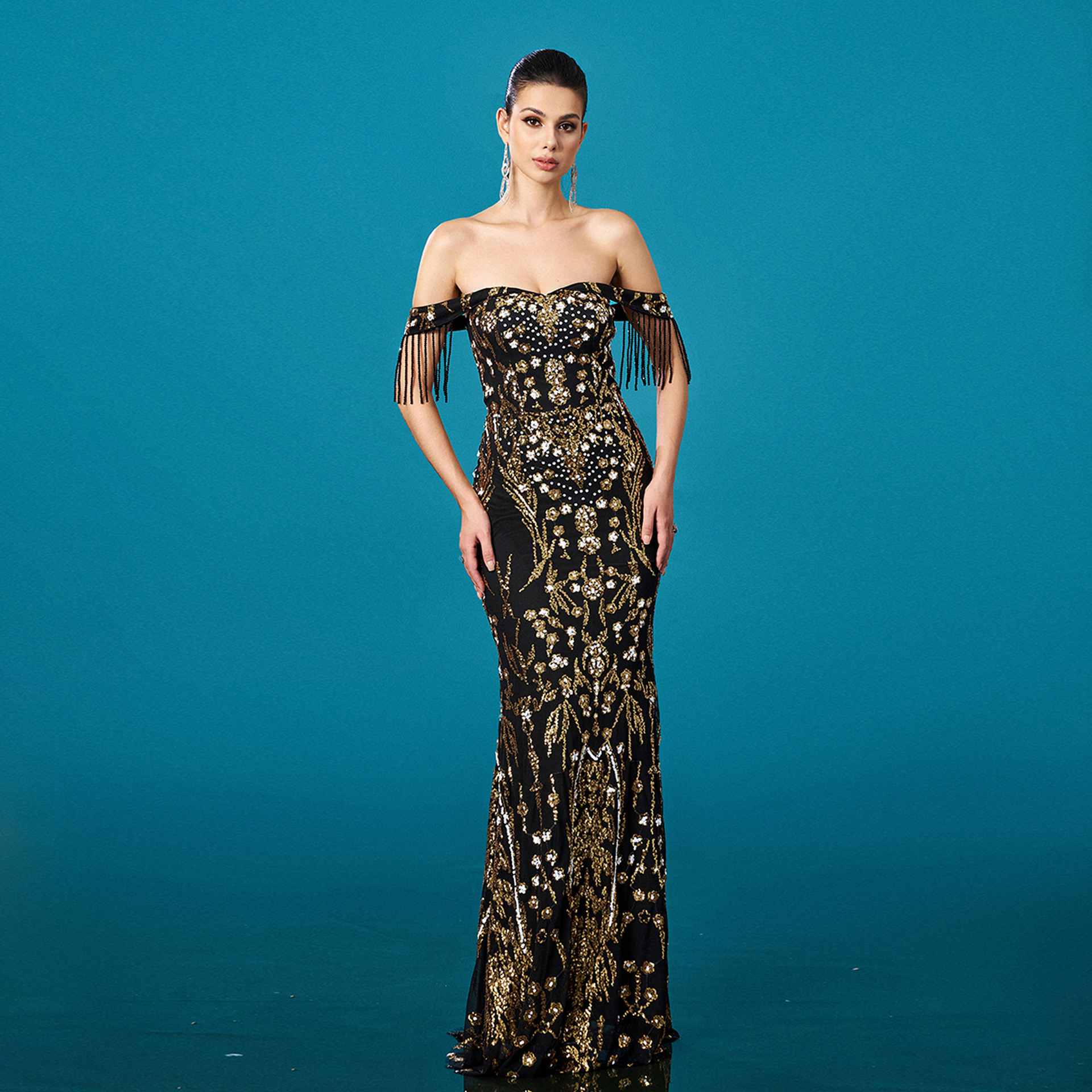 Off-neck Tassel Sequined Fishtail Evening Dress For Banquet 3 Off-neck Tassel Sequined Fishtail Evening Dress For Banquet - Image 3