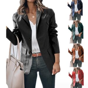 Lapel Single Breasted Solid Color PU Leather Women's Coat
