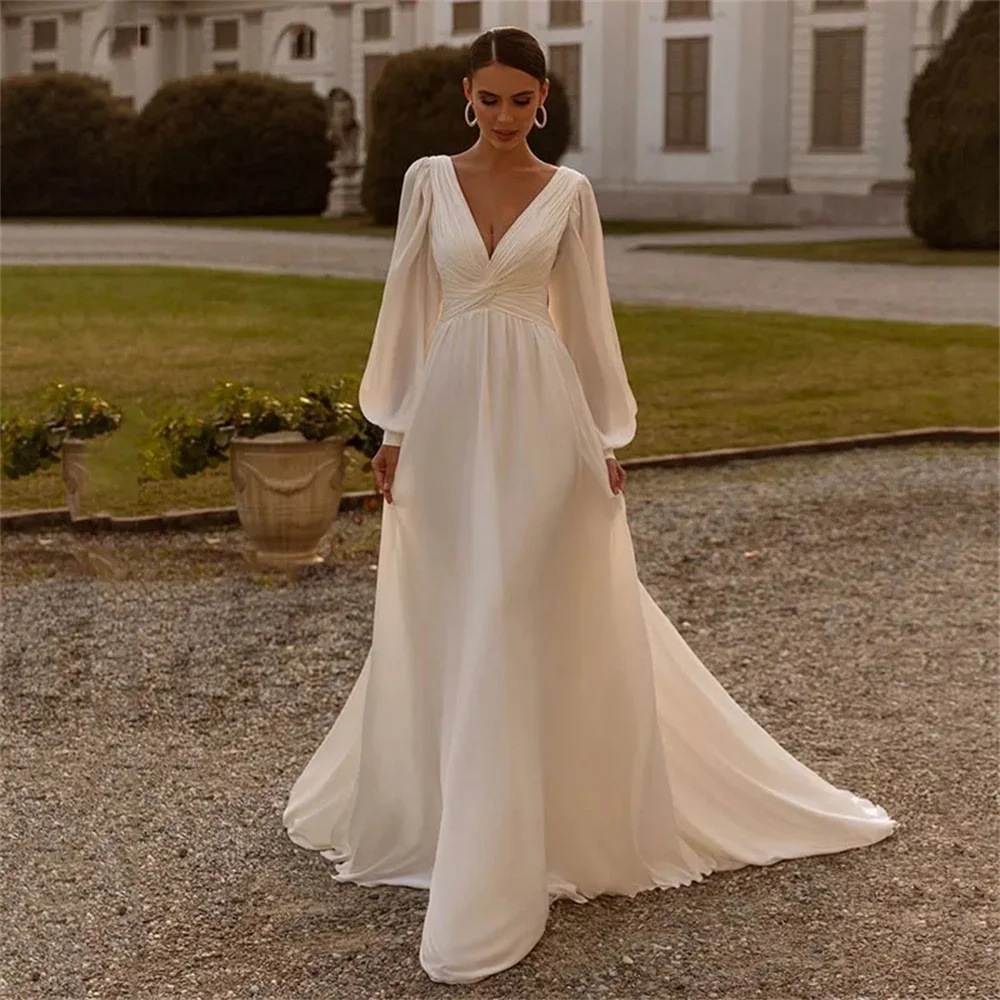 Bridal Chiffon Deep V Satin Long Sleeve Light Yarn Gown 6 Bridal Chiffon Deep V Satin Long Sleeve Light Yarn Gown - Image 6