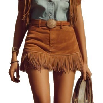 Western Retro Bohemian Style Caramel-Colored Faux Suede Fringe Skirt 3 Western Retro Bohemian Style Caramel-Colored Faux Suede Fringe Skirt - Image 3